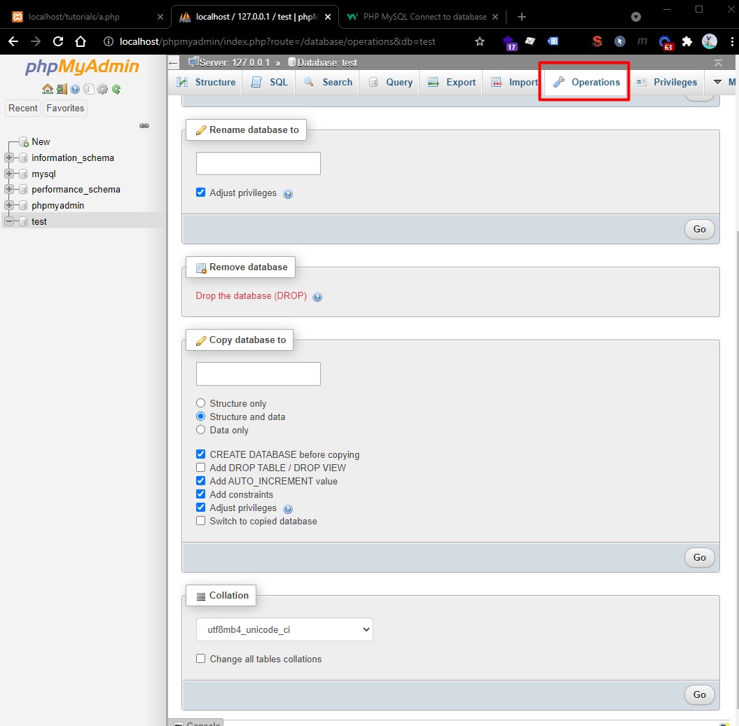 phpMyAdmin Operations Tab - Rename Remove Database